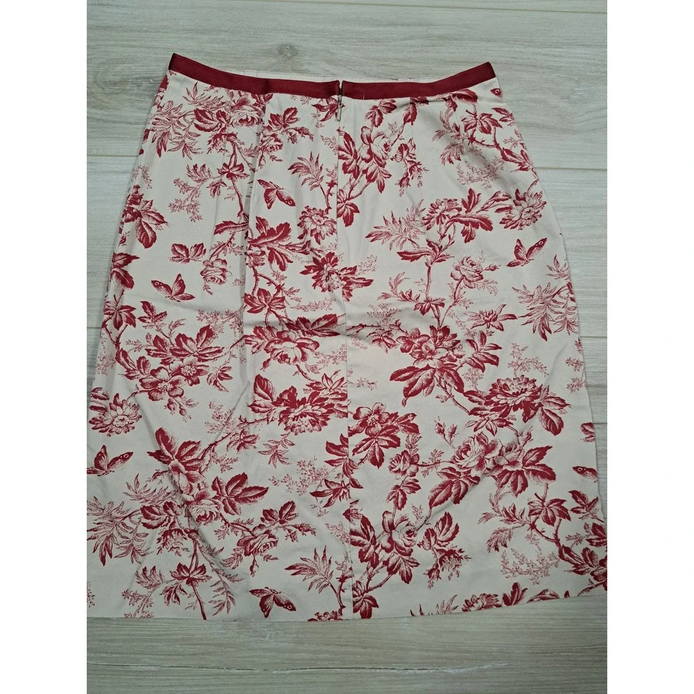 Eddie Bauer Red Cream Toile Floral Butterfly Cotton A-Line Midi Skirt Size 4 Y2K